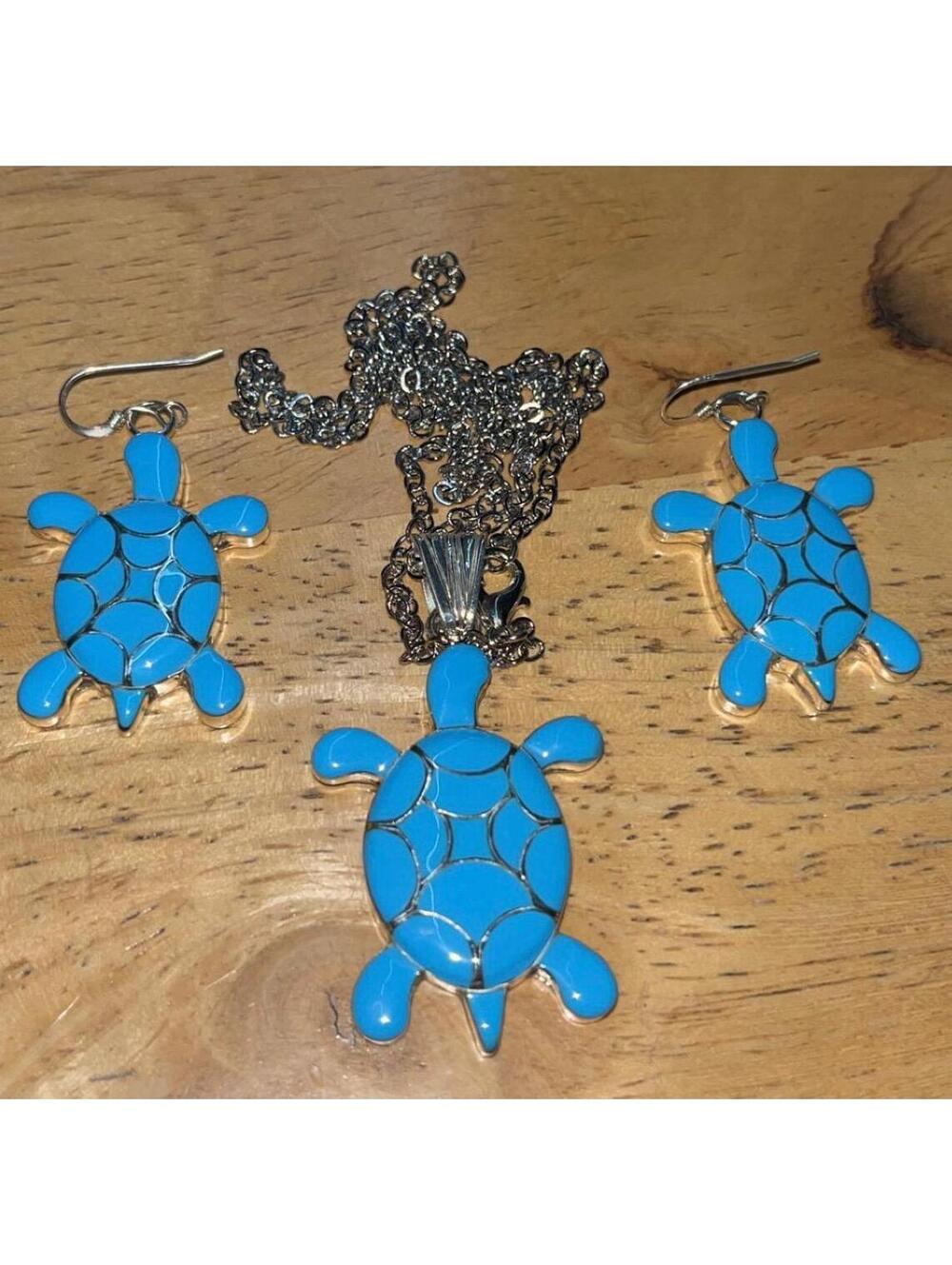 Zuni turtle turquoise inlay pendant earrings necklace sterling silver jewelry